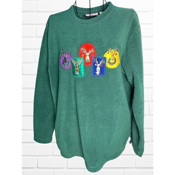 Basic Editions Women's Medium Sweater Cozy Fleece Green Reindeer Holiday - Picture 1 of 9